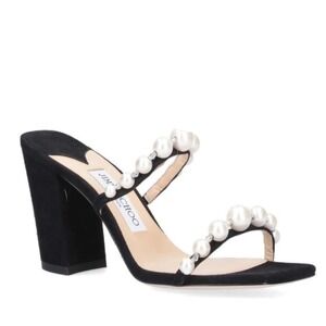 Jimmy Choo Amara 85 Black Suede Pearl Embellished Block Heel Sandals Size 40